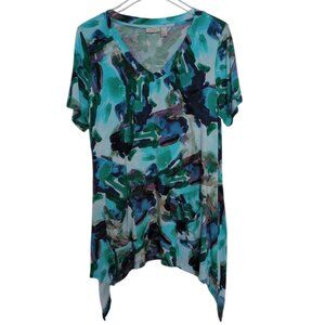 LOGO Lori Goldstein Lizbeth Tunic Womens Size Large Blue V Neck Sharkbite Hem